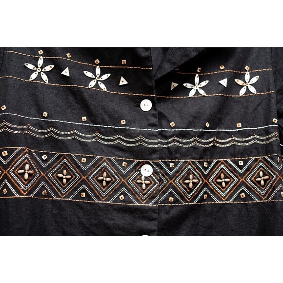 Alfred Dunner Petite 10P Black linen beaded button down shirt women's artsy boho - Picture 3 of 7